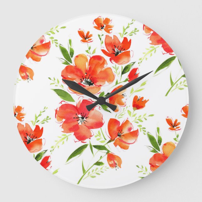 Gentle Orange Poppies Watercolor Pattern Large Clock (Front)