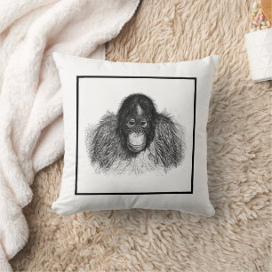 Gentle Orangutan Black and White Ape Drawing Cushion