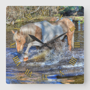 Gentle Palomino Pinto Stallion Playing in Pond Square Wall Clock