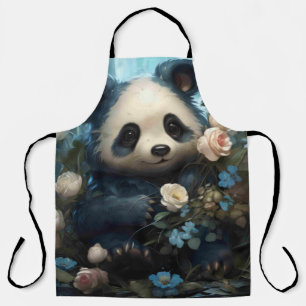 Gentle Panda Bear Among Jungle Roses Apron