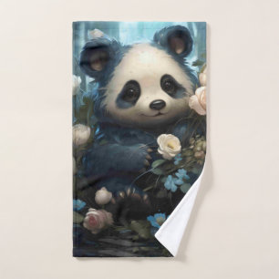 Gentle Panda Bear Among Jungle Roses Bath Towel Set