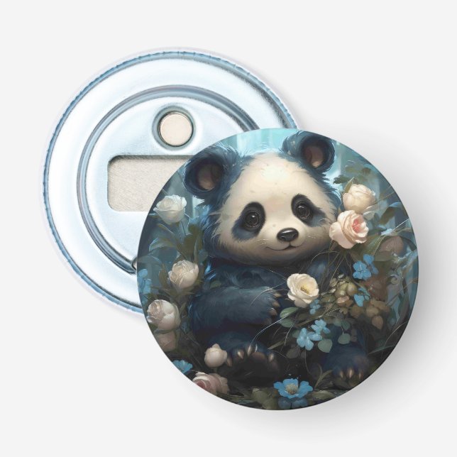 Gentle Panda Bear Among Jungle Roses Bottle Opener (Front)