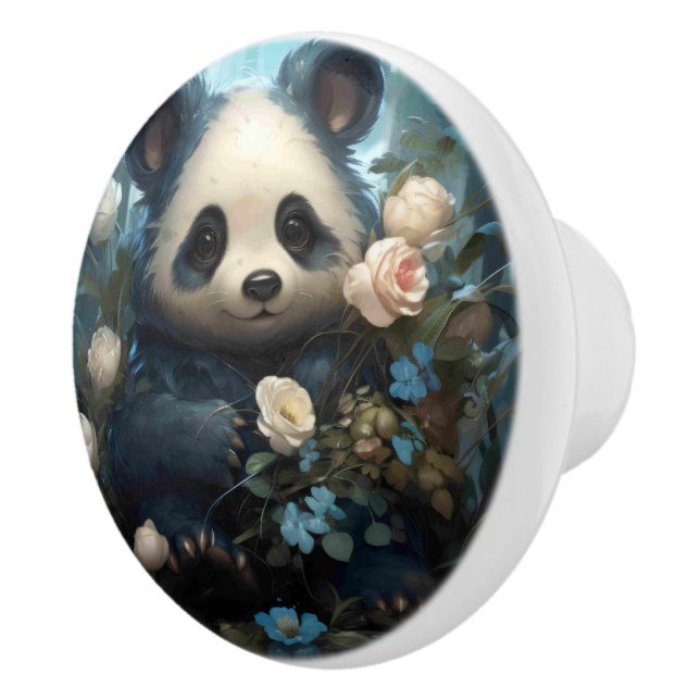 Gentle Panda Bear Among Jungle Roses Ceramic Knob (Right)