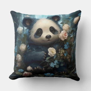 Gentle Panda Bear Among Jungle Roses Cushion