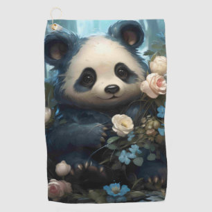 Gentle Panda Bear Among Jungle Roses Golf Towel