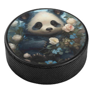 Gentle Panda Bear Among Jungle Roses Hockey Puck