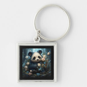 Gentle Panda Bear Among Jungle Roses Key Ring