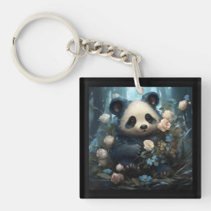 Gentle Panda Bear Among Jungle Roses Key Ring