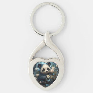 Gentle Panda Bear Among Jungle Roses Key Ring