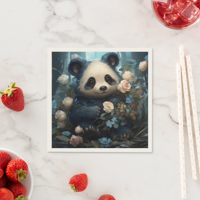 Gentle Panda Bear Among Jungle Roses Napkin (Insitu)