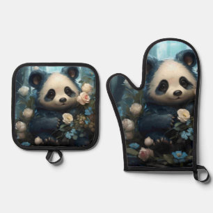 Gentle Panda Bear Among Jungle Roses Oven Mitt & Pot Holder Set
