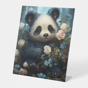 Gentle Panda Bear Among Jungle Roses Pedestal Sign