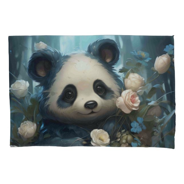 Gentle Panda Bear Among Jungle Roses Pillowcase (Front)