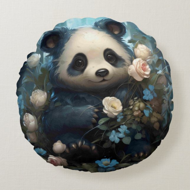 Gentle Panda Bear Among Jungle Roses Round Cushion (Front)