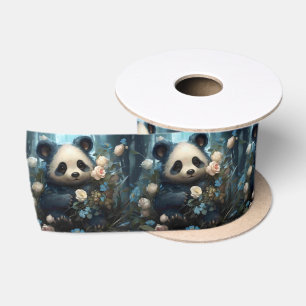 Gentle Panda Bear Among Jungle Roses Satin Ribbon