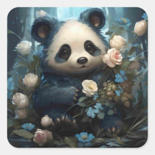 Gentle Panda Bear Among Jungle Roses Square Sticker