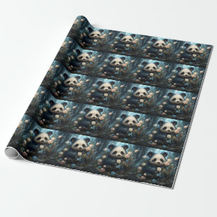 Gentle Panda Bear Among Jungle Roses Wrapping Paper