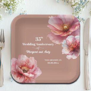 Gentle Pink Gold Floral 35th Wedding Anniversary Paper Plate