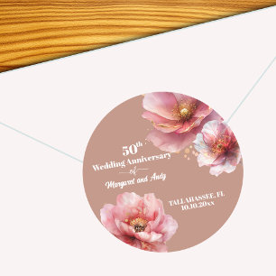 Gentle Pink Gold Floral 50th Wedding Anniversary Classic Round Sticker