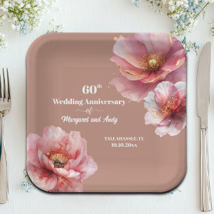 Gentle Pink Gold Floral 60th Wedding Anniversary Paper Plate