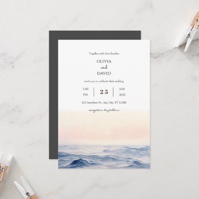Gentle Pink Ocean Waves at Dawn Beach Wedding  Invitation (Front/Back In Situ)