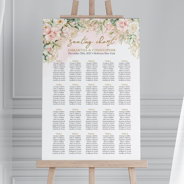 Gentle pink roses greenery gold 20 tables Seating Poster (20 tables elegant Boho blush floral gold frame wedding seating chart poster)