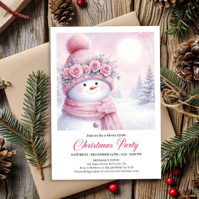 Gentle Pink Snowman Editable Kids Christmas Invite (Gentle Pink Snowman Editable Kids Christmas Invite File)