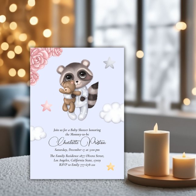 Gentle Racoon Animal Blue Baby Shower Invitation (Gentle Raccoon Animal Blue Baby Shower Invitation)