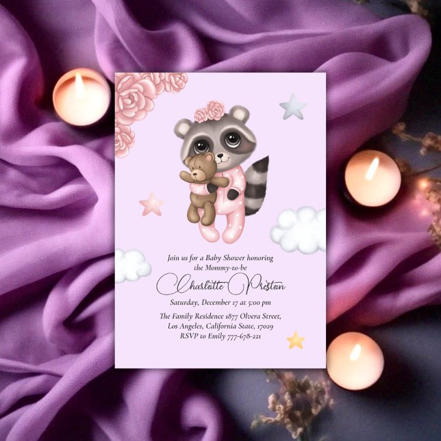 Gentle Racoon Animal Girl Baby Shower Invitation (Gentle Raccoon Animal Girl Baby Shower Invitation)