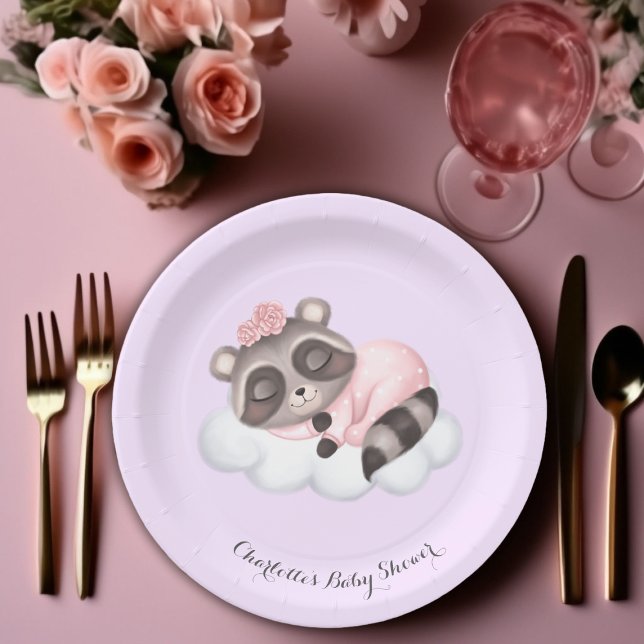 Gentle Racoon Animal Girl Baby Shower Paper Plate (Girl Baby Shower Paper Plates!)