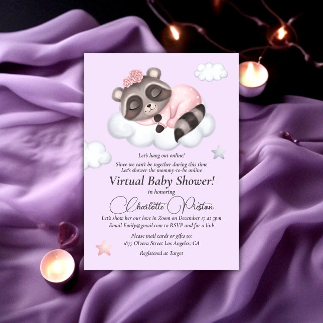 Gentle Racoon Animal Girl Baby Shower Virtual Invitation (Gentle Raccoon Animal Girl Baby Shower Virtual Invitation)