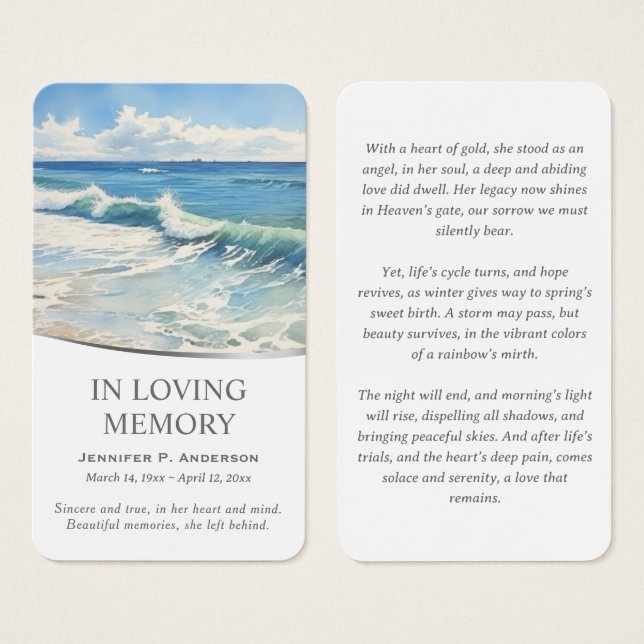 Gentle Sea Waves Memorial Prayer Cards (Front & Back)