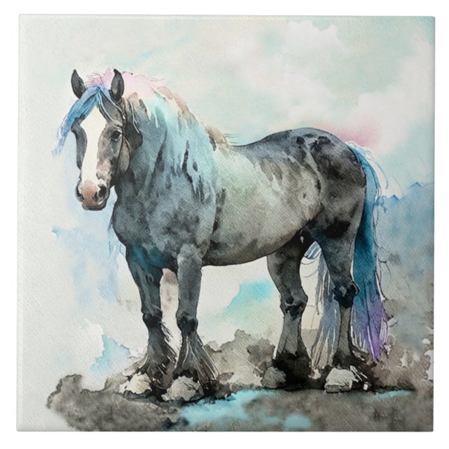 Gentle Shire Horse Watercolour Blue Ceramic Tile (Front)