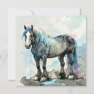 Gentle Shire Horse Watercolour Blue Holiday Card