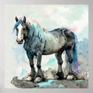 Gentle Shire Horse Watercolour Blue Poster