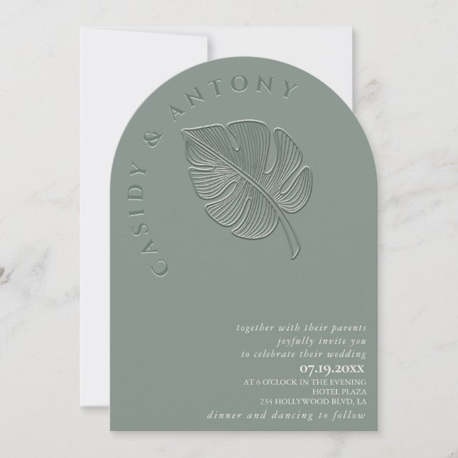 Gentle simple embossed tropical leaf all in one invitation (Front)