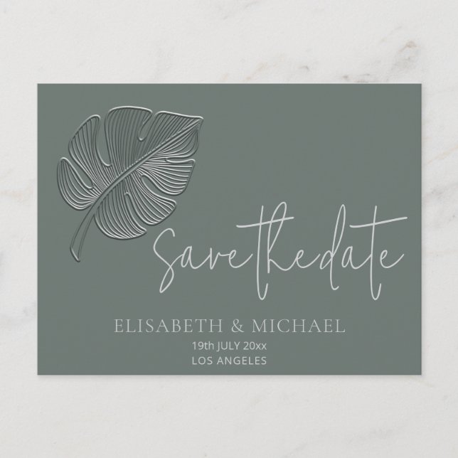 Gentle simple embossed tropical leaf  announcement postcard (Front)