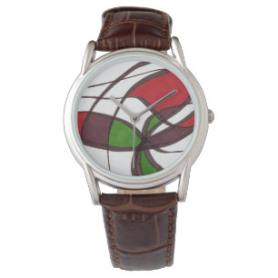 Gentle swirls in red, green, brown on white watch