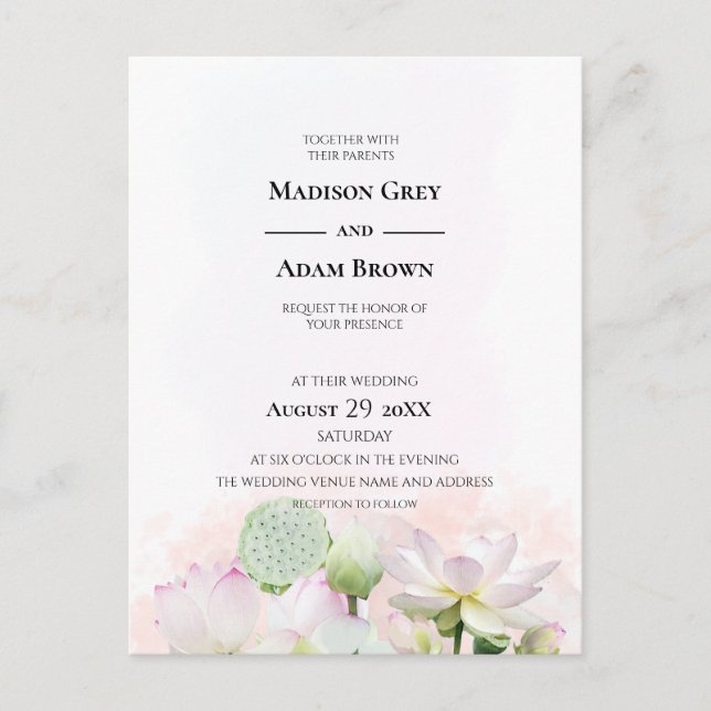 Gentle Water Lilies and Lotuses Watercolor Wedding Invitation Postcard (Front)