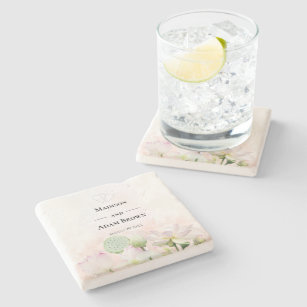 Gentle Water Lilies and Lotuses Watercolor Wedding Stone Coaster