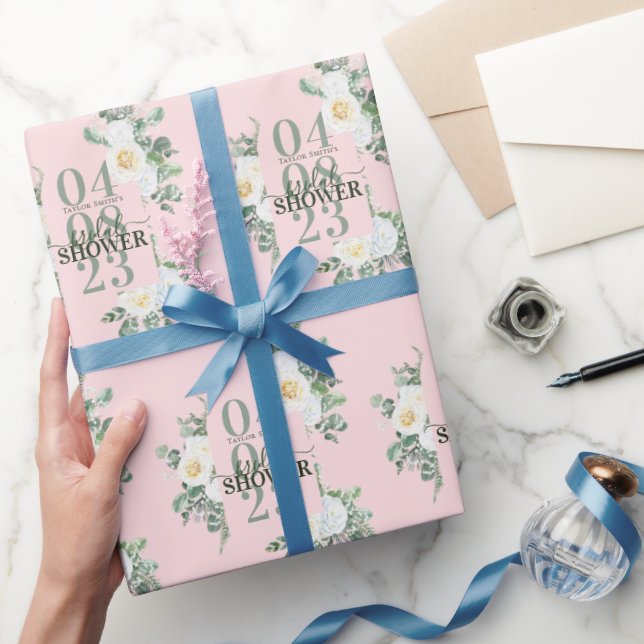 Gentle White Watercolor Roses Eucalyptus Pink Wrapping Paper (Gifting)