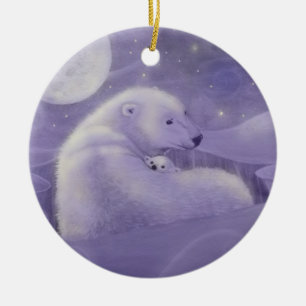 Gentle Winter Polar Bear and Cub Ornament