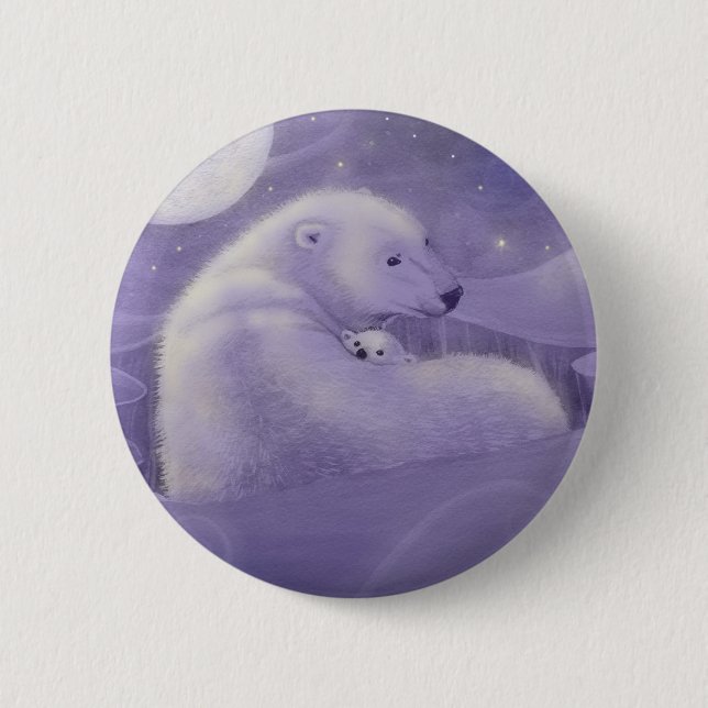 Gentle Winter Polar Bear and Cub Pinback Button (Front)