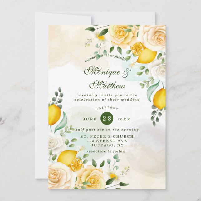 Gentle Yellow Roses and Lemons Wedding Invitation (Front)