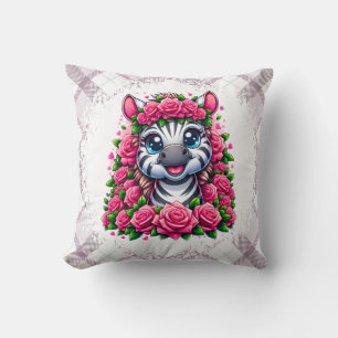Gentle Zebra in Rose Wreath Cushion