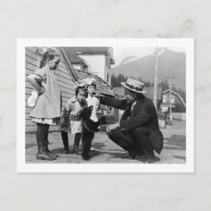Gentleman and Kids Playing with Bear Cub On Leas Postcard