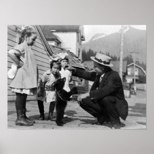 Gentleman and Kids Playing with Bear Cub On Leas Poster