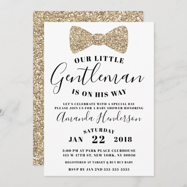 Gentleman Baby Shower Invitation, Faux Gold Invitation (Front/Back)