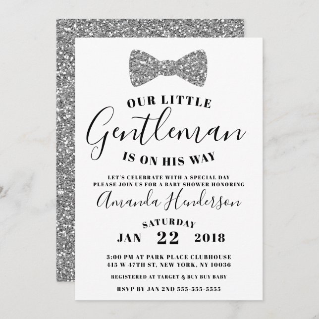Gentleman Baby Shower Invitation, Faux Silver Invitation (Front/Back)