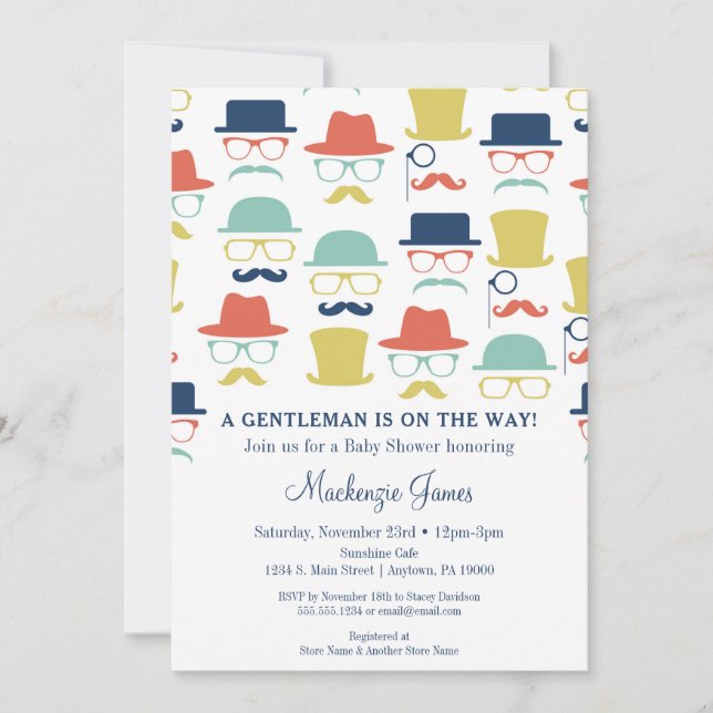 Gentleman Baby Shower Invitation Moustache Hats Hi (Front)